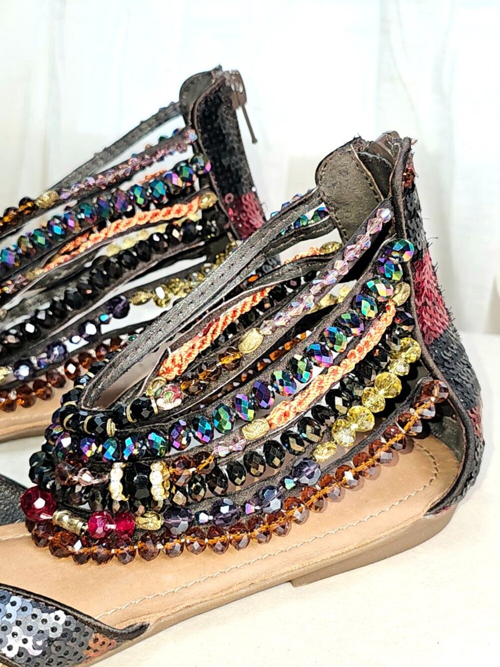 ZIGI Girl Brown Crystal Gladiator Sandals Size 10 Beaded Rhinestone Flat Sandals - Picture 5 of 11